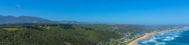 Beach and mountain views across Wilderness in the Garden Route of South Africa